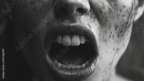 A close-up, high-contrast illustration of a person screaming, with their face contorted in emotion, eyes wide open, and mouth agape