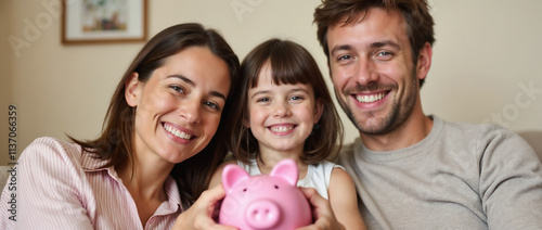 Smiling parents and child holding a pink piggy bank, symbolizing family savings and financial planning, fostering unity and teaching valuable money-saving lessons in a warm, home environment.

