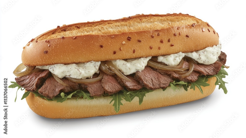 Delicious Sandwich with Tender Beef, Onions, and Creamy Sauce Delicious Sandwich with Tender Beef, Onions, and Creamy Sauce