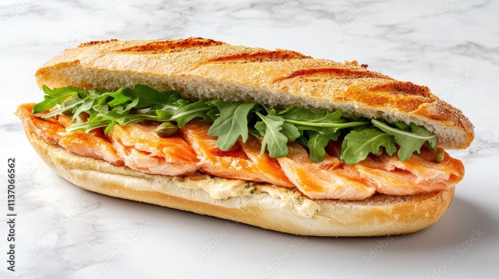 Fresh Salmon Sandwich on Artisan Bread with Greens and Toppings Fresh Salmon Sandwich on Artisan Bread with Greens and Toppings