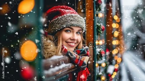 Happy woman in a red hat looking out of a train window during a snowy Christmas.