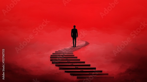 Wallpaper Mural A solitary figure stands on a staircase leading into a dramatic red background, evoking a sense of mystery and introspection. Torontodigital.ca