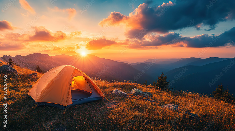 A lone tent nestled amidst rolling hills at sunset. A lone tent nestled amidst rolling hills at sunset.