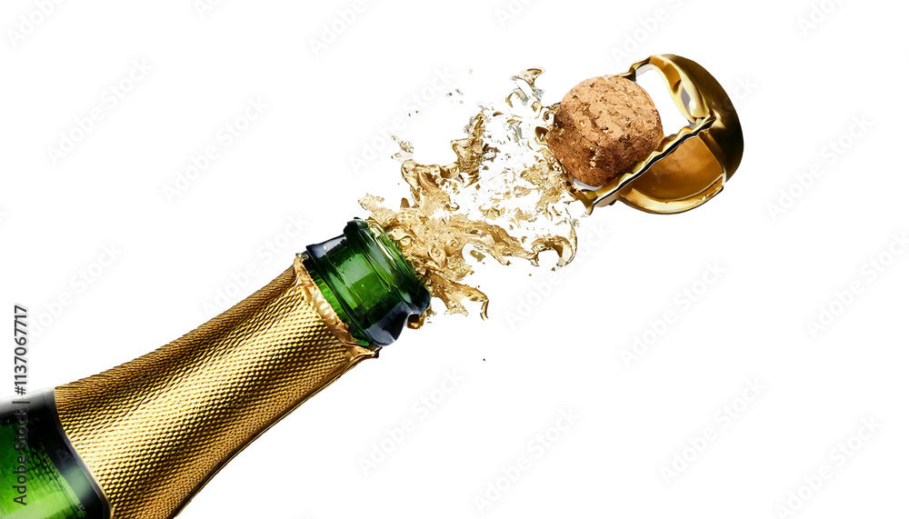 Sparkling wine splash and cork splash, isolated on transparent background, cutout