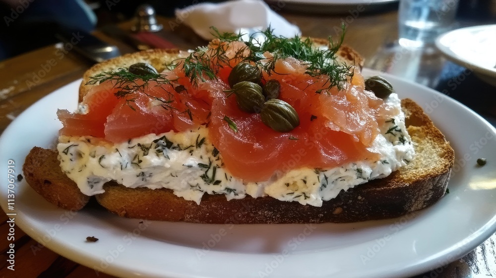 Delicious smoked salmon on cream cheese toast with herbs and capers Delicious smoked salmon on cream cheese toast with herbs and capers