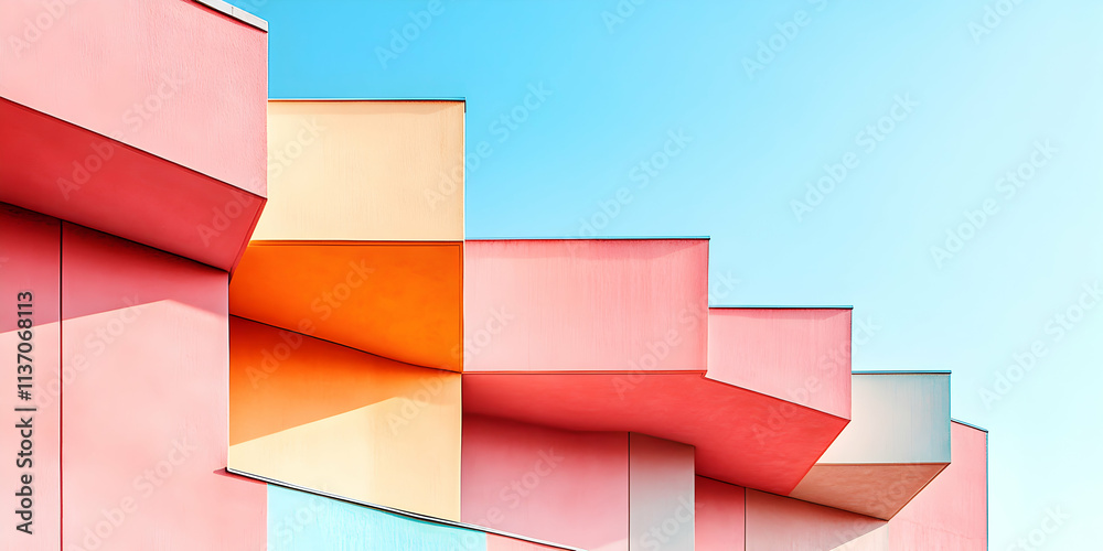 Abstract Geometric Building Facade with Pastel Colors Under a Clear Sky Abstract Geometric Building Facade with Pastel Colors Under a Clear Sky