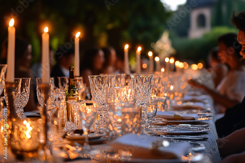 A beautiful candlelit outdoor dining table with elegant glassware and glowing candles creating a warm festive ambiance
 photo