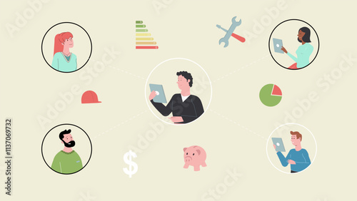 Collaborative Teamwork Concept with Technology Tools and Financial Elements