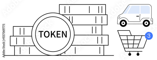 Stack of coins labeled TOKEN, shopping cart with notification, car icon. Ideal for online shopping, digital currency, e-commerce, retail transactions, mobile apps, financial services cryptocurrency