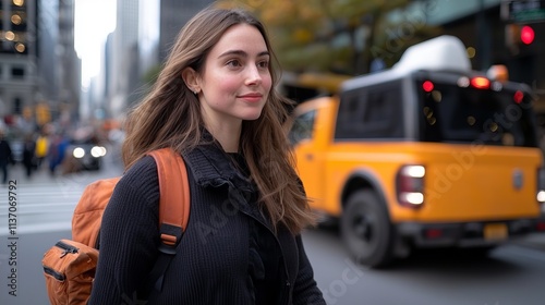 A young Caucasian woman walking confidently on a bustling city street, with yellow taxis in the background.