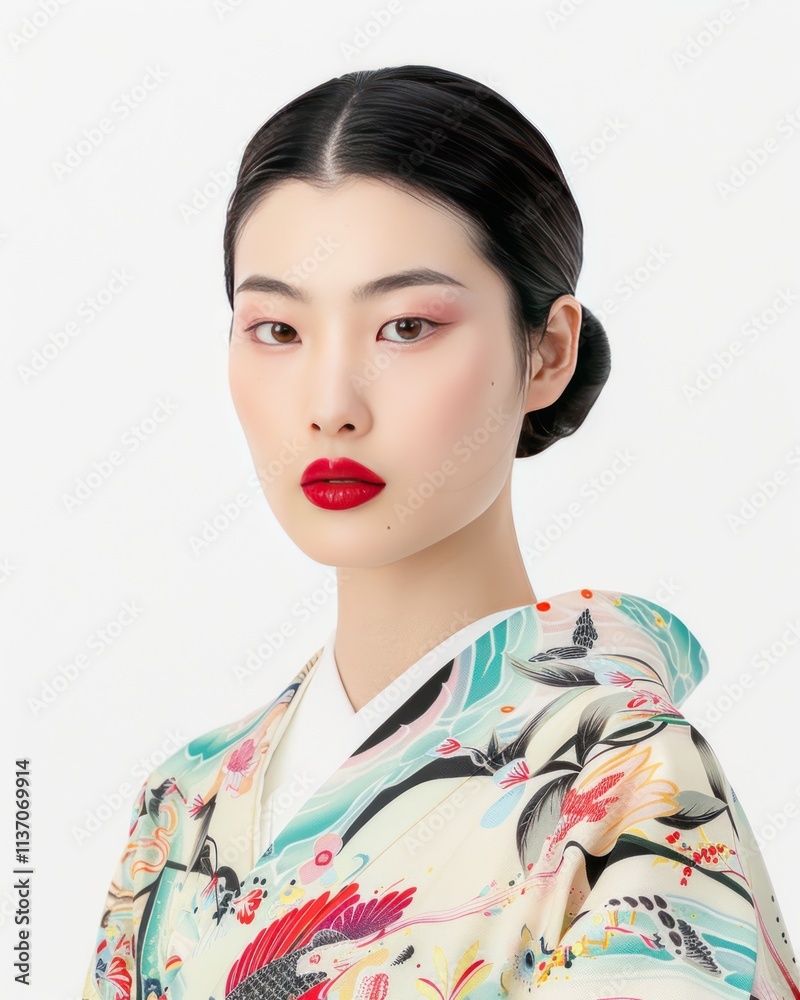 Portrait of a young woman wearing a traditional Japanese kimono with a serene expression and elegant makeup. Portrait of a young woman wearing a traditional Japanese kimono with a serene expression and elegant makeup.
