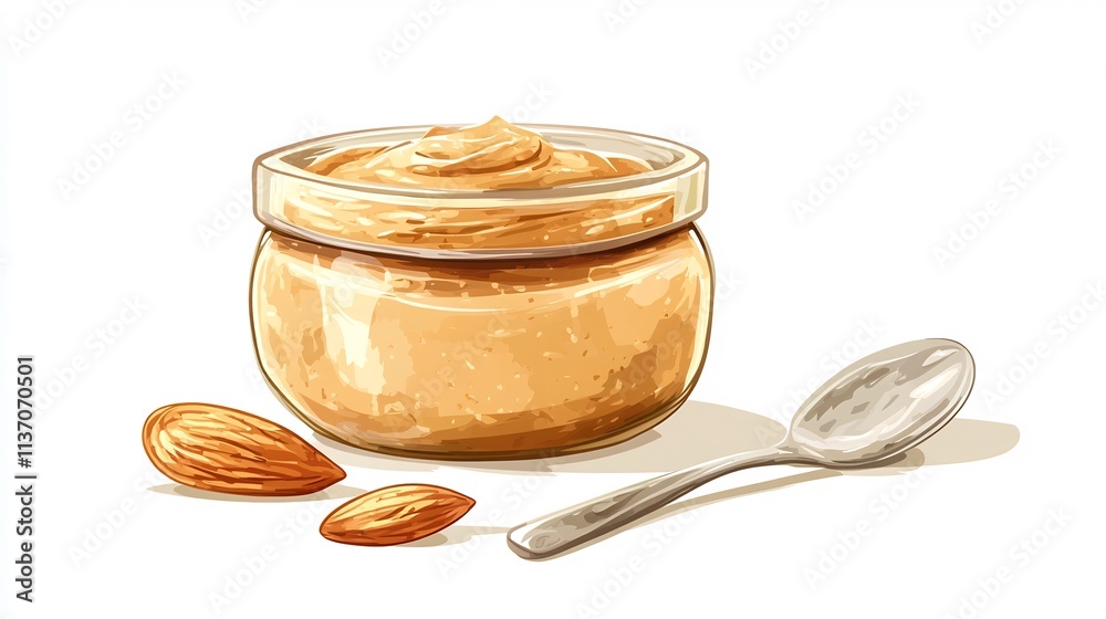 Delicious Almond Butter in a Glass Jar with Almonds and Spoon Delicious Almond Butter in a Glass Jar with Almonds and Spoon