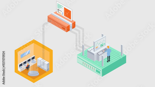 Industrial Automation and Data Monitoring Isometric Illustration with Control Rooms