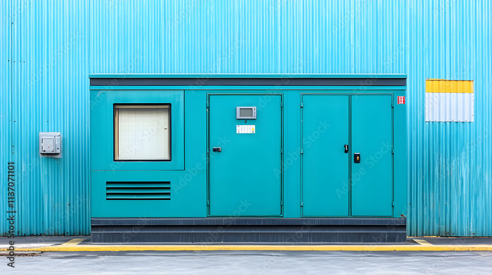 Teal Industrial Equipment Against Blue Corrugated Metal Wall Teal Industrial Equipment Against Blue Corrugated Metal Wall