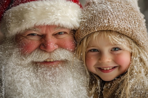 Happy festive time season, Ñute child boy joyful with santa claus. Christmas marketing creative visual for magazine ad and online networks use. Seasonal joy campaigns. Santa claus holding child. photo