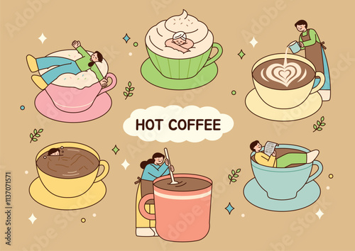 People are taking a coffee break, sipping on giant cups of coffee. A barista is making coffee. outline cute  people illustration.