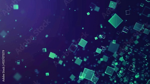 Abstract digital background with floating geometric shapes in shades of green and blue.