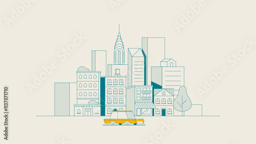 Minimalist Urban Skyline Illustration Featuring Buildings Trees and a Classic Yellow Taxi
