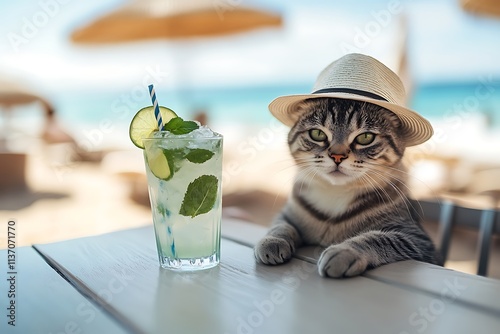 Cat in hat sipping a mojito at a beach bar and looking hilarious photo