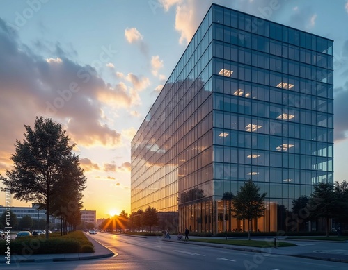 A towering office building with expansive glass windows reflects the vibrant colors of sunset. Urban surroundings and clear skies create a serene atmosphere as day transitions into night. GenerativeAI