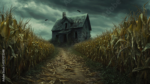 A tattered farmhouse surrounded by rows of crumbled corn stalks, its entrance overrun with creeping weeds. The sound of bats fills the air. photo