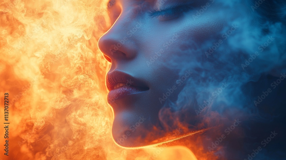 Surreal portrait of a woman surrounded by glowing fire and blue mist