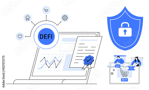 Laptop with DeFi connections, financial chart, and a smart contract certificate. Shield with lock for security, and e-commerce transaction. Ideal for finance, technology, security, e-commerce