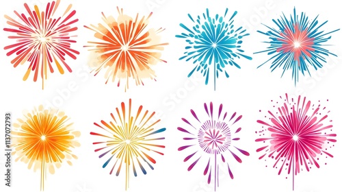 Set of Colorful Hand-Drawn Firework Bursts in Red, Orange, Blue, and Pink Isolated on a White Background for Festive Designs