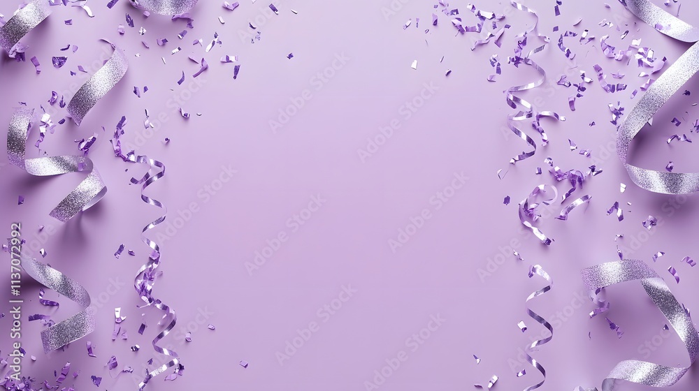 Purple and silver festive ribbon design with confetti on light purple background, blank space for celebration-themed message or content