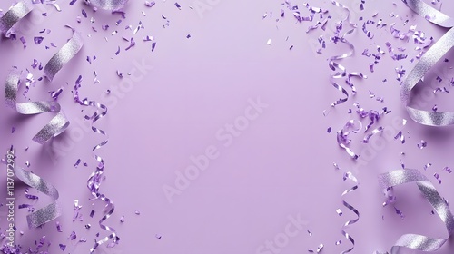 Obraz na płótnie Purple and silver festive ribbon design with confetti on light purple background, blank space for celebration-themed message or content w salonie