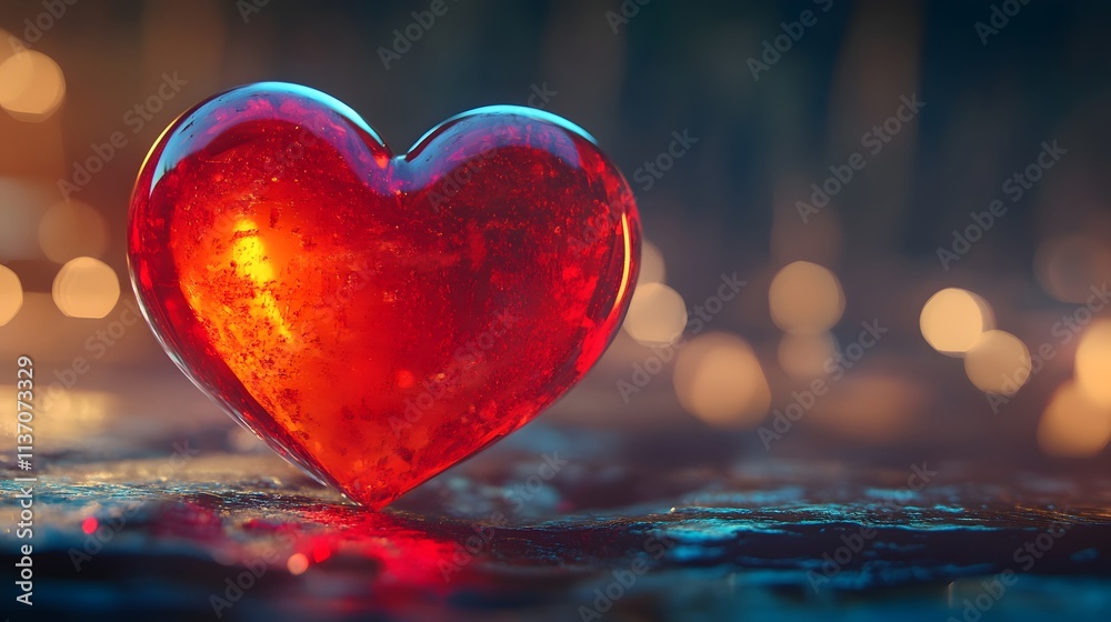 Fototapeta premium Red glass heart illuminated with glowing golden light and soft bokeh background, symbolizing romantic love, Valentine's Day, and warm emotions