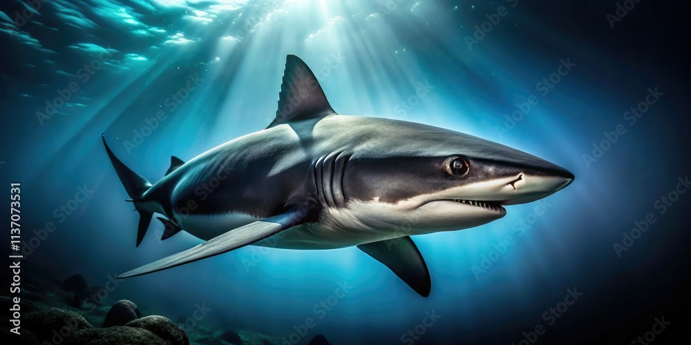 Fototapeta premium Sleek black shark emblem: oceanic predator, dynamic marine design, powerful vigilance.