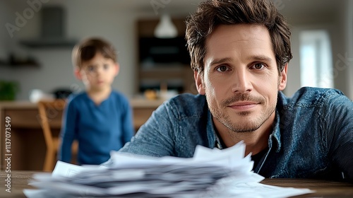 A thoughtful Caucasian father with a serious expression, surrounded by paperwork, with his young son in the background.