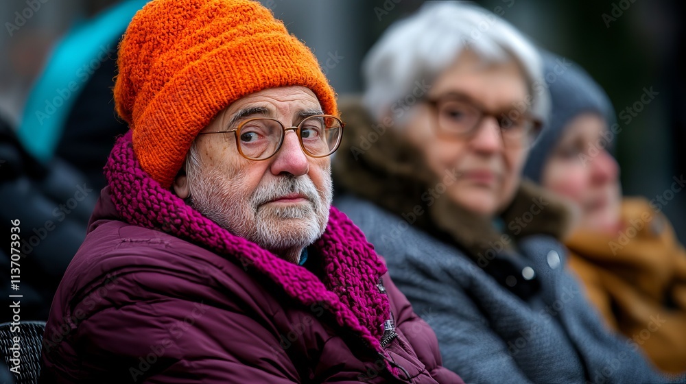 An elderly man with glasses and an orange beanie looks somber, while two women in the background observe quietly. An elderly man with glasses and an orange beanie looks somber, while two women in the background observe quietly.