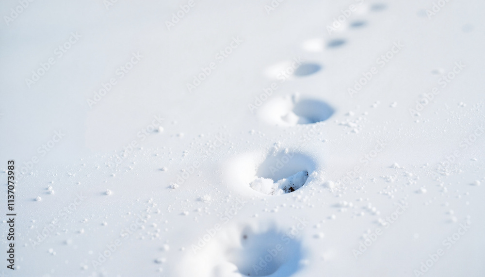 Diagonal trail of cat paw prints on a pristine layer of snow in a peaceful winter landscape
Diagonal trail of cat paw prints on a pristine layer of snow in a peaceful winter landscape