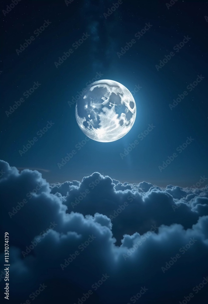 Obraz premium A luminous moon hangs in a dark sky, surrounded by soft clouds that create a dreamy ambiance. The scene invites quiet moments of reflection and wonder under the stars. Generative AI
