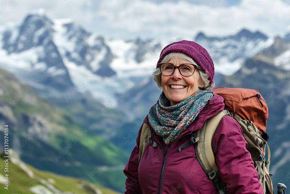 Happy elderly woman with backpack hiking in the mountains is enjoying the view of the alps Happy elderly woman with backpack hiking in the mountains is enjoying the view of the alps