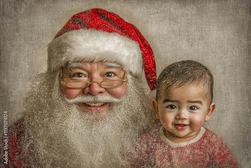 Yule promotion conceptual art image shot for ad page and social online ad use. Joyful christmas, Ñute child boy amazed with santa claus. Baby toddler santa claus. Joyful celebrations images. photo