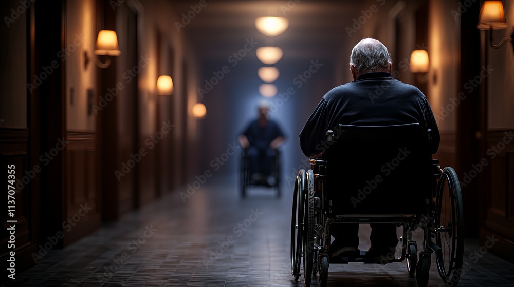 An elderly man in a wheelchair gazes down a dimly lit corridor, enhancing a sense of introspection and solitude. An elderly man in a wheelchair gazes down a dimly lit corridor, enhancing a sense of introspection and solitude.