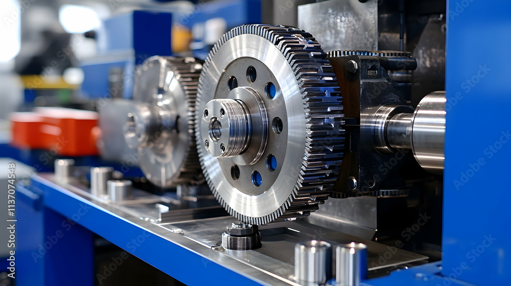 Industrial Gear System Closeup. Precise Metal Components Intermeshing Industrial Gear System Closeup. Precise Metal Components Intermeshing