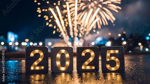 Happy New Year 2025. New Year's Eve Party background banner greeting card illustration with text. Golden fireworks in the night sky, cityscape buildings.