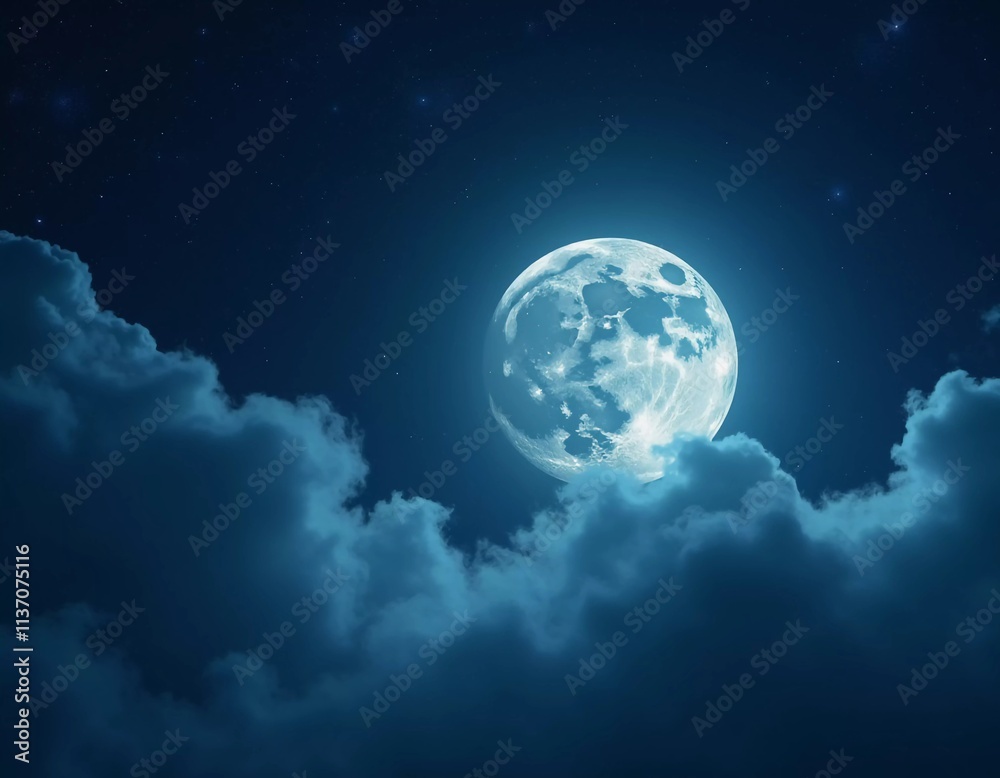 Fototapeta premium A luminous moon hangs in a dark sky, surrounded by soft clouds that create a dreamy ambiance. The scene invites quiet moments of reflection and wonder under the stars. Generative AI