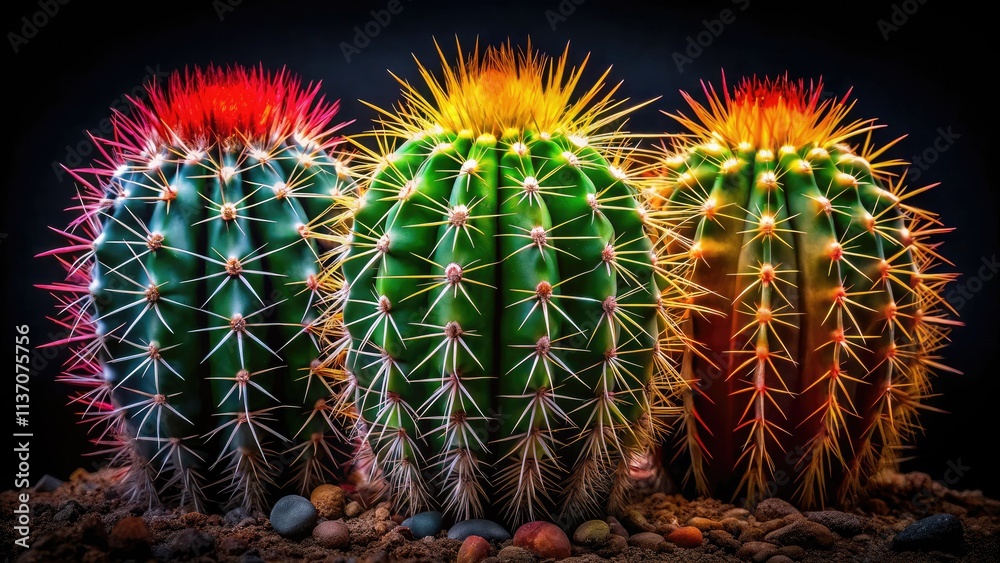 Fototapeta premium Striking panoramic of a red, green, and yellow cactus, stark against a black desert backdrop.