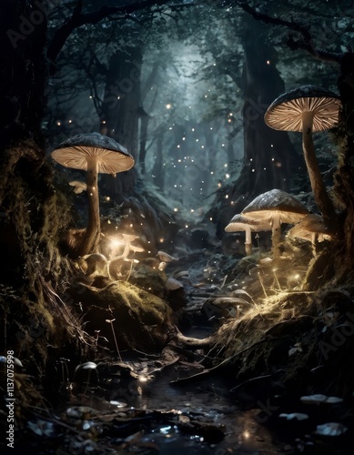 A mystical forest scene illuminated by glowing mushrooms along a serene woodland path. The soft lighting and dreamy atmosphere evoke a magical, fairy-tale setting, perfect for fantasy and nature photo