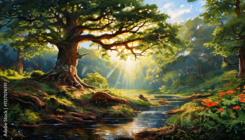 A picturesque forest scene with sunlight streaming through the trees, illuminating a peaceful stream and a majestic oak. The vibrant greenery and wildflowers create a lush, serene environment perfect