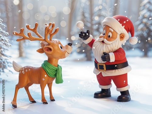 A cheerful Santa Claus with a friendly cartoon reindeer wearing a green scarf, playing together in a magical snowy forest, surrounded by soft falling snowflakes and festive joy.
