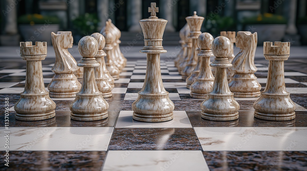 White queen standing on marble chessboard with chess pieces White queen standing on marble chessboard with chess pieces