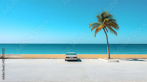 Wallpaper Mural White Car Parks Facing Serene Ocean Background with Palm Tree Torontodigital.ca