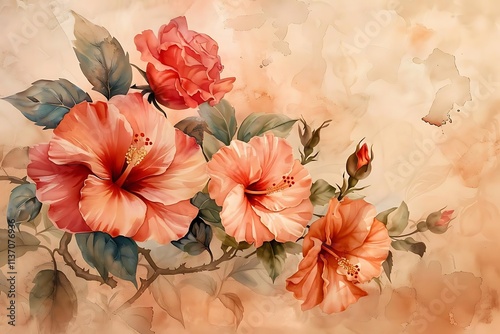 Wallpaper Mural Watercolor painting of coral hibiscus and roses on a beige background. Torontodigital.ca