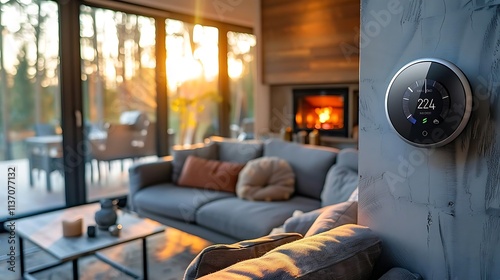 Smart thermostat on wall in modern living room with fireplace and sunset view.